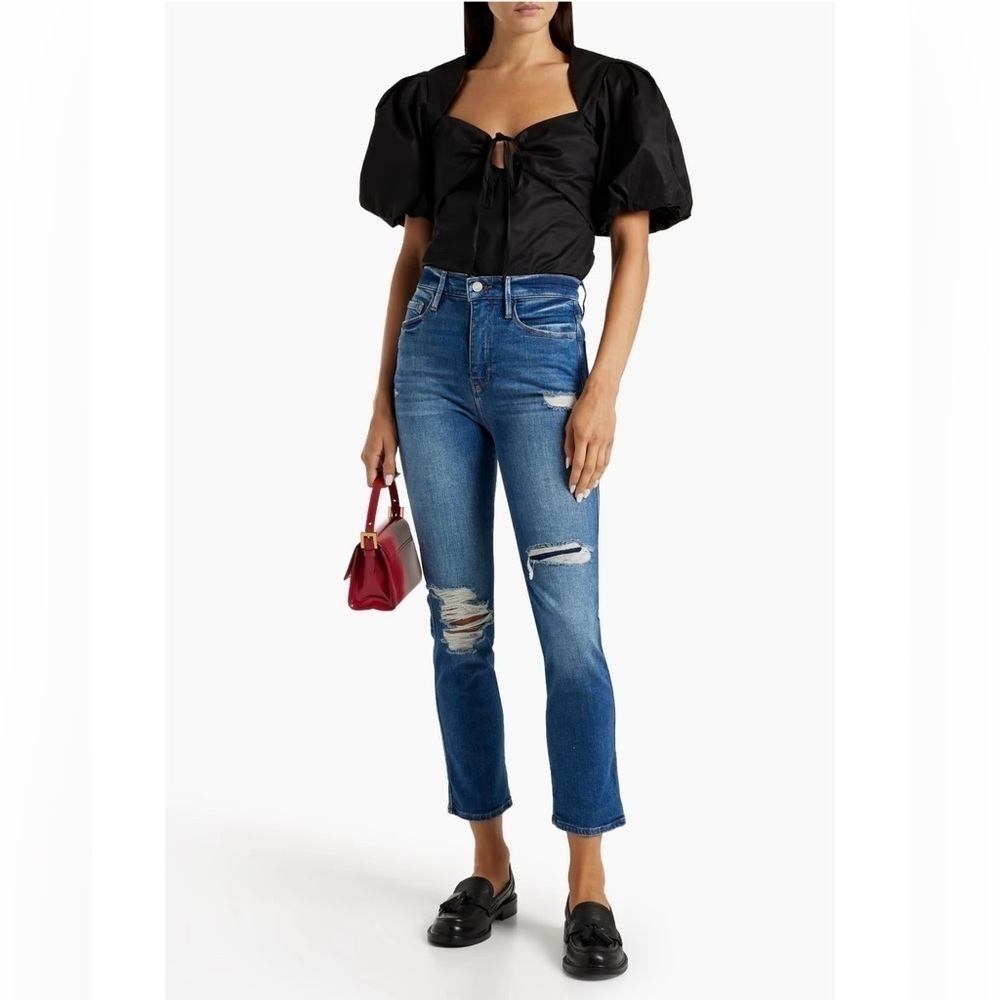 Frame Gathered Cotton Blend Sateen Black Blouse Top Size Small